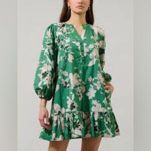 NWT Sugarlips Green & Cream Floral Drop Waist Long Sleeve Dress Size XL